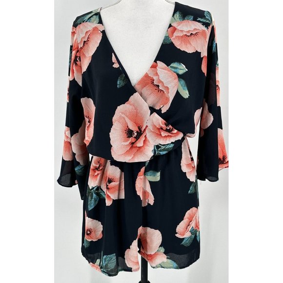 Francesca's Collections Pants & Jumpsuits Everly Francesca Romper Blue Pink Floral Open Back